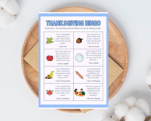 Thanksgiving Bingo for kids printable card