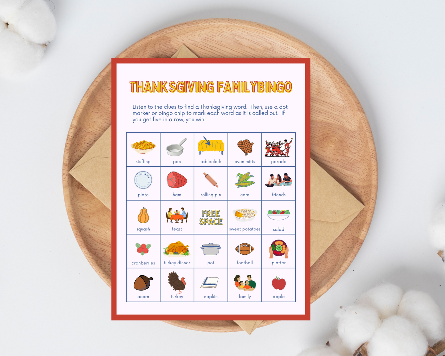 Thanksgiving Bingo for kids printable card