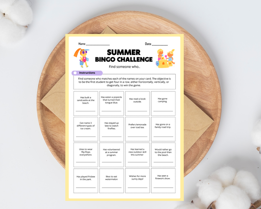 Summer Bingo game printable card