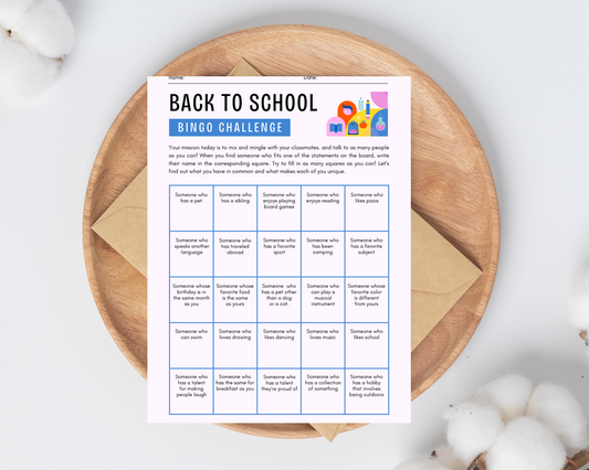 Back to school Bingo for kids printable card