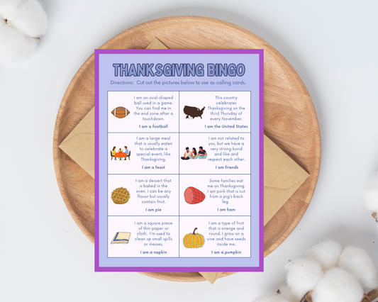 Thanksgiving Bingo for kids printable card