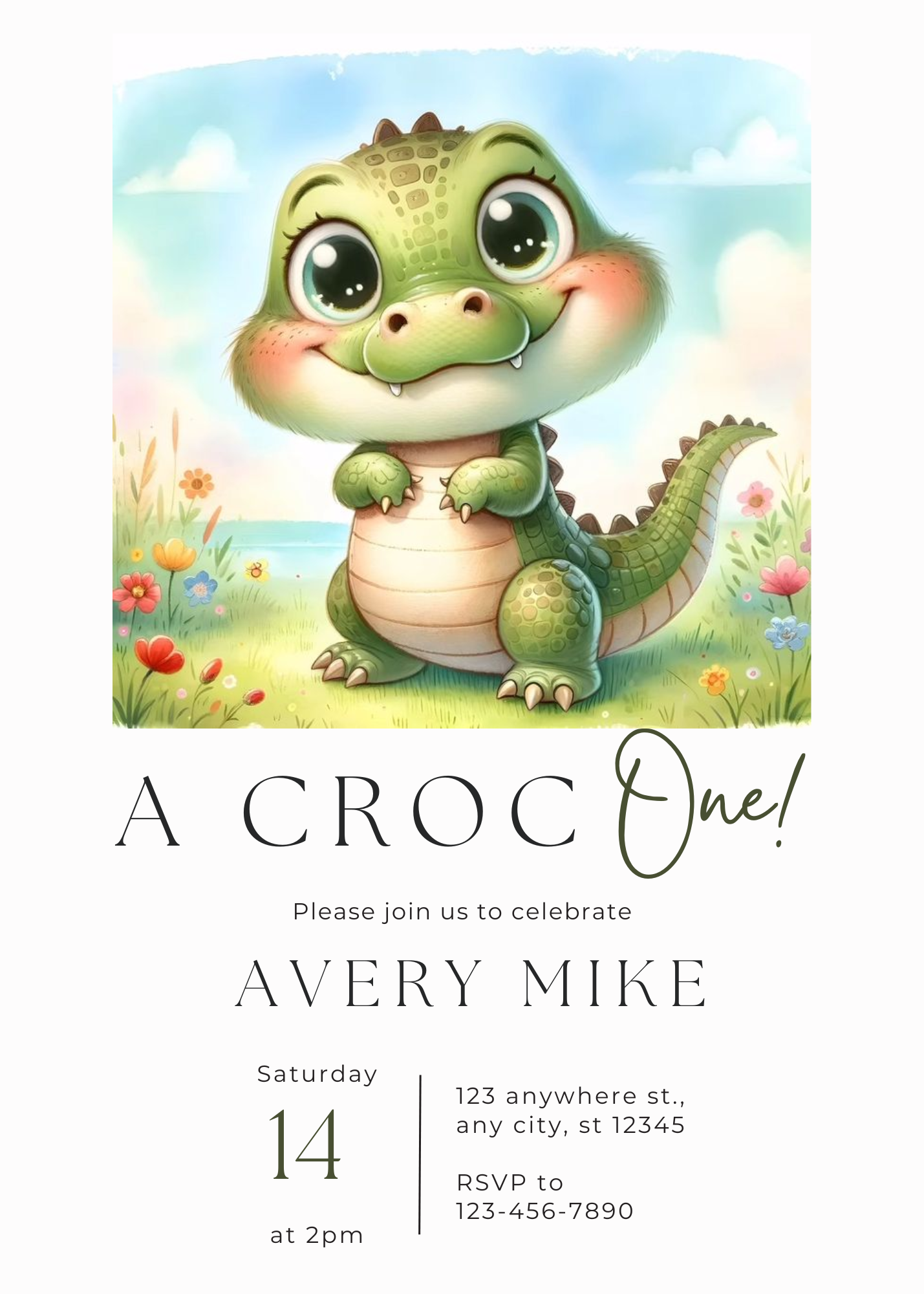 Editable crocodile  safari kids invitation card