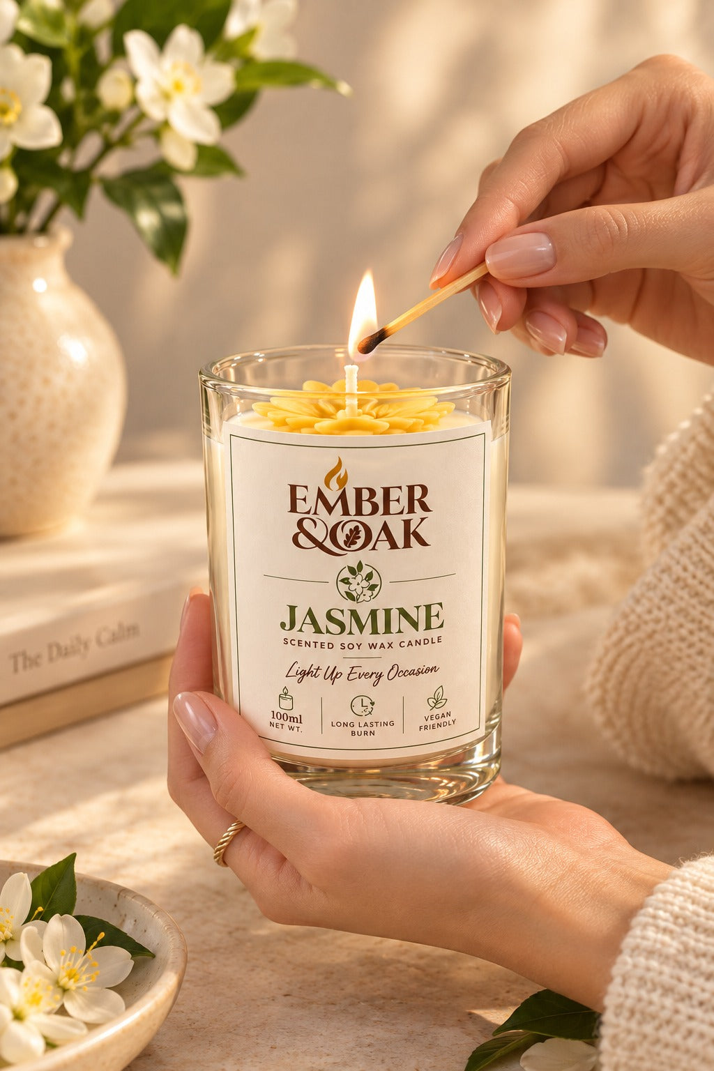 Ember & Oak Jasmine scented soy wax candle, 100 ml, being lit with a match