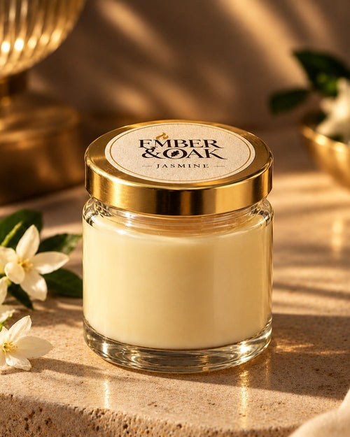 Jasmine scented candle in clear glass with a gold lid