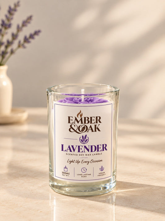 Ember & Oak Lavender 100 ml candle, a moulded violet bloom set in clear glass