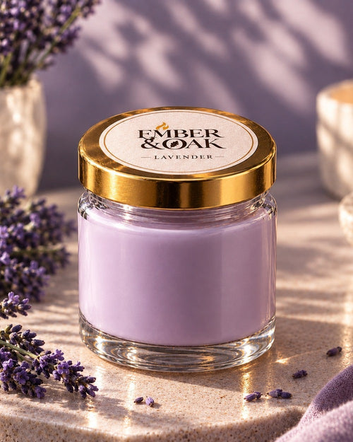 Lavender scented candle in clear glass with a gold lid