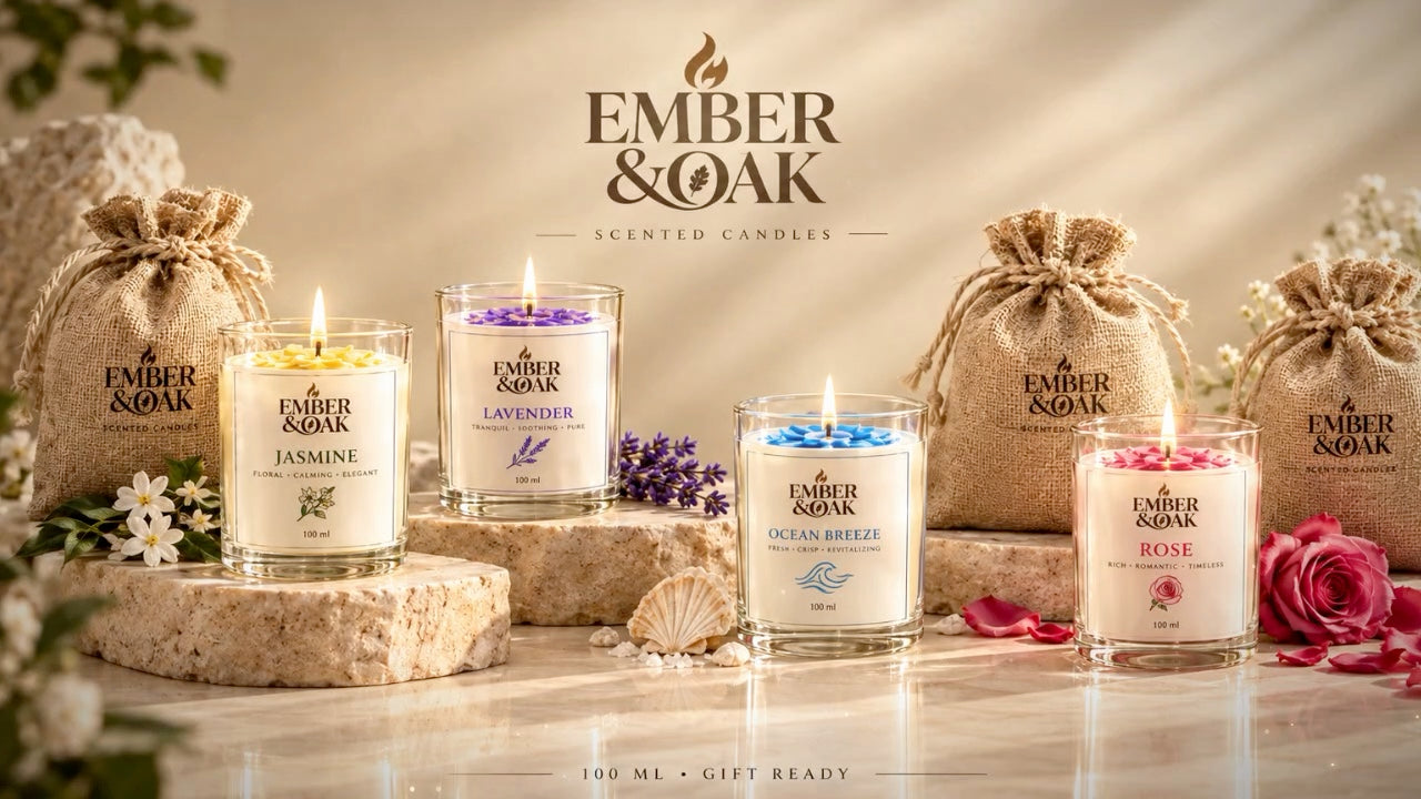 Ember & Oak film: the four 100 ml candles — Jasmine, Lavender, Ocean Breeze and Rose — lit on a stone table