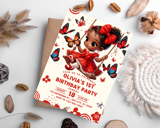 Editable red butterfly kids invitation card