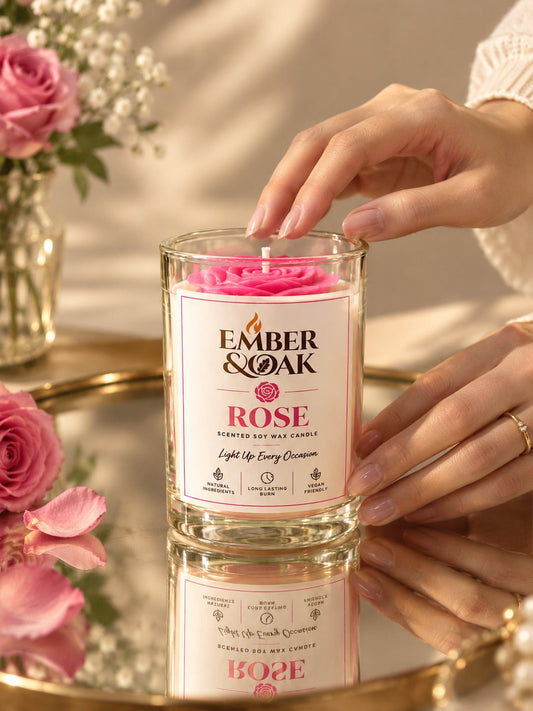 Ember & Oak Rose 100 ml candle, a moulded pink rose set in clear glass