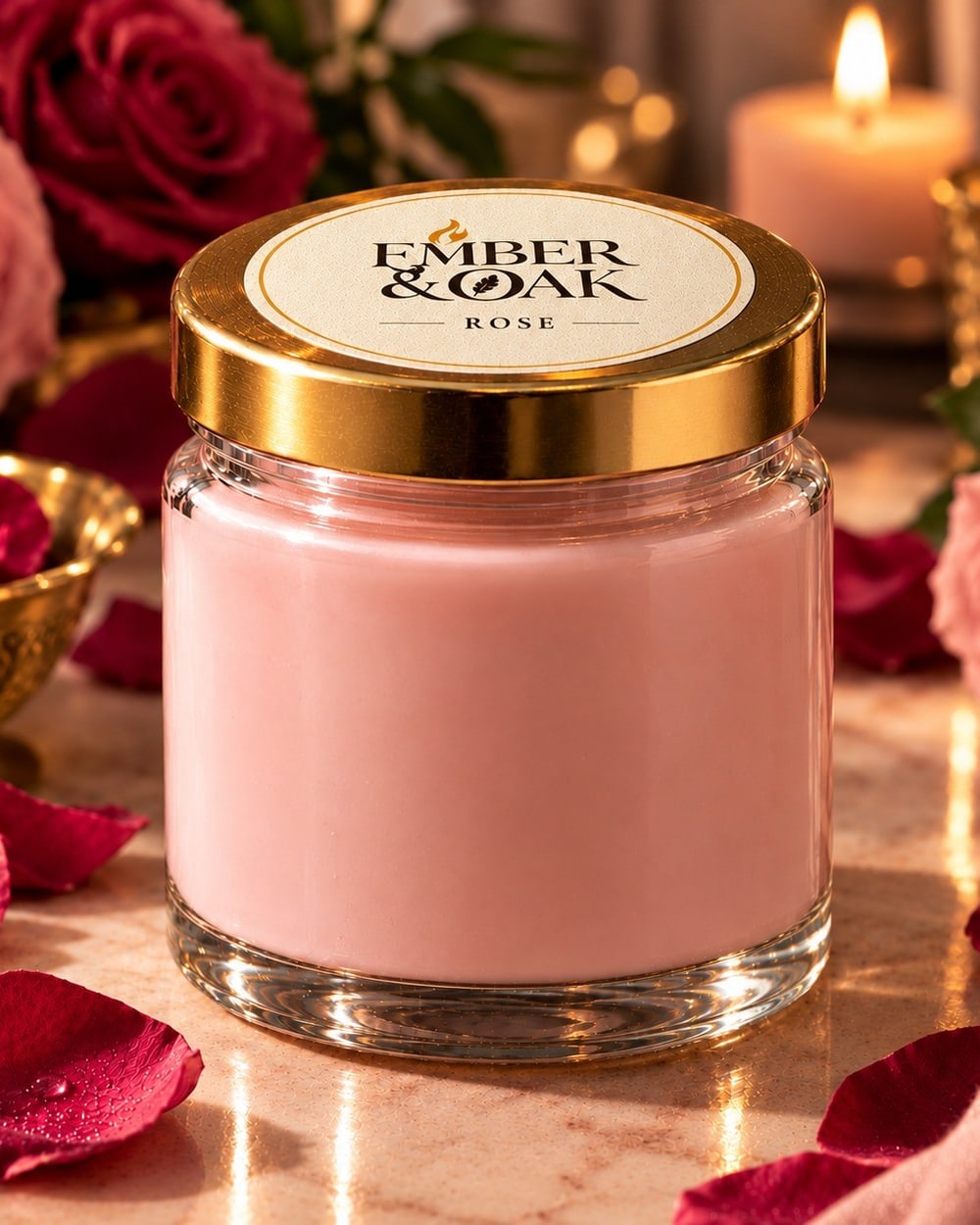 Rose scented candle in clear glass with a gold lid