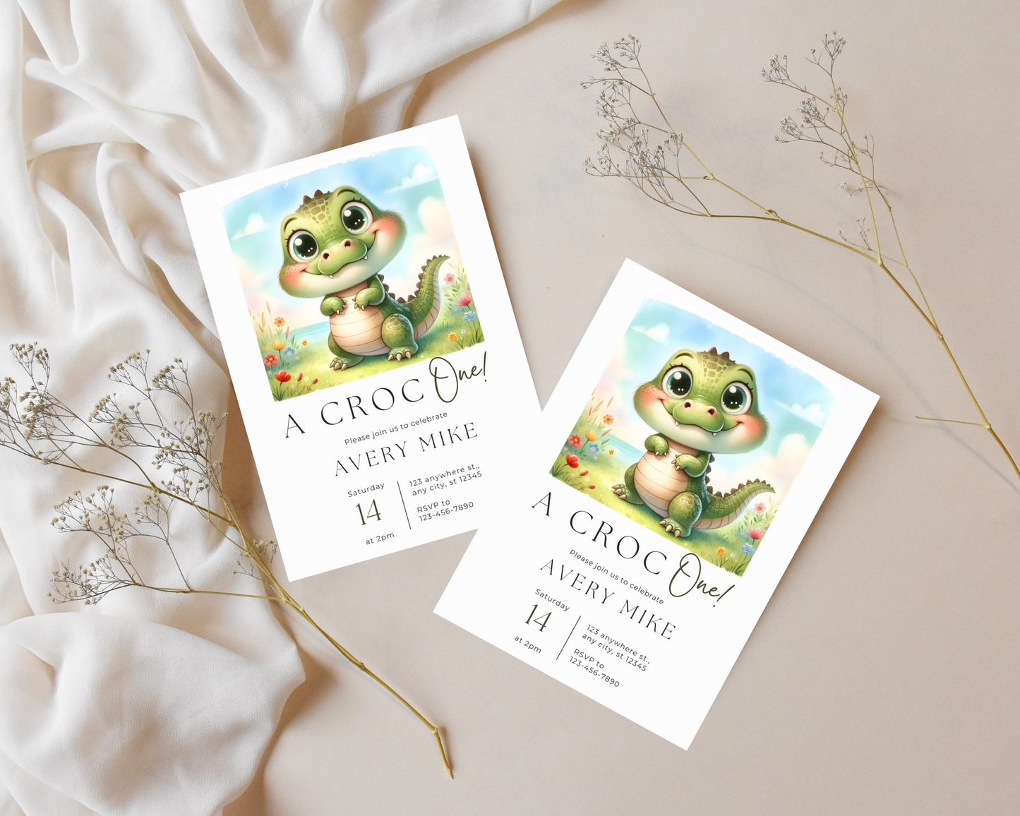 Editable crocodile  safari kids invitation card